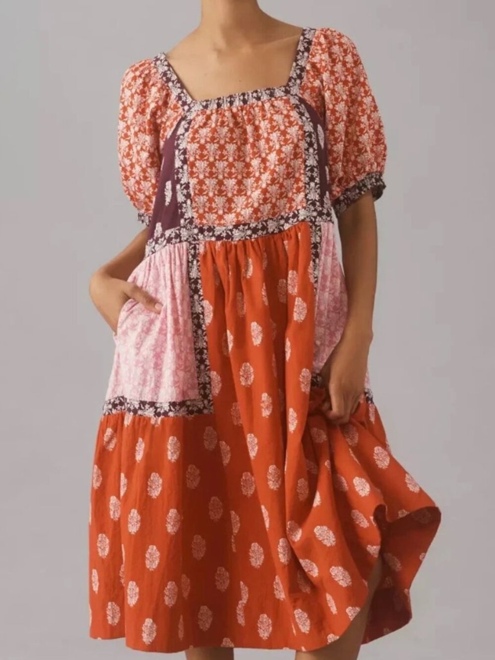 New Anthropologie Maeve Short-Sleeve Square-Neck Tape-Detail Midi Dress